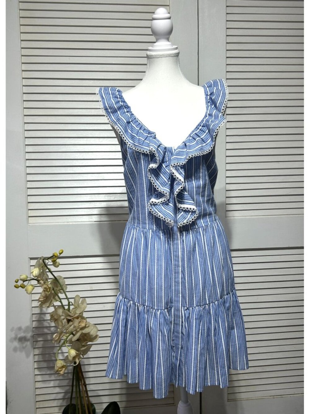 Anthropologie Seafolly Women's Blue White Striped Ruffle Sundress Size L 3302